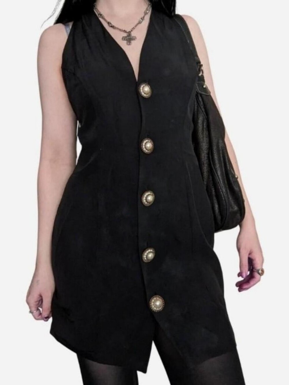1980s vintage black gothic mini dress with gold pearl buttons